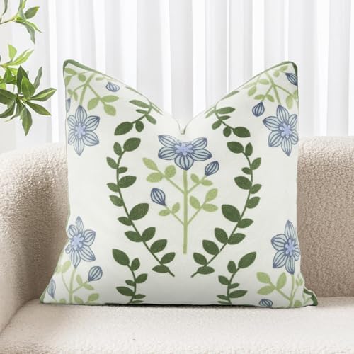 Merrycolor Decorative Pillow Cover, Embroidered Green Leaves Decorative Throw Pillow Covers Couch Square Pillowcases Cushion for Bedroom Sofa Farmhous（Pack of 1