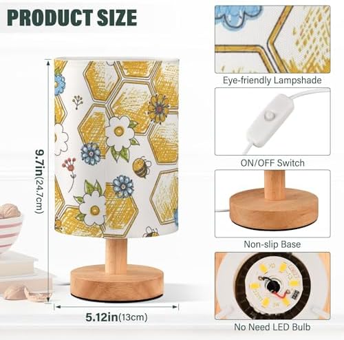 Vintage Bee Honeycomb Flower Table Lamp with Wood Base Fabric Lamp Shade Bedside Nightstand Desk Lamp for Living Room Bedroom Kids Room Office
