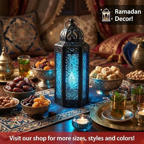 Vela Lanterns Decorative Indoor Moroccan Candle Holder, Blue, M, 3-Pack