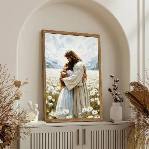 Jesus Embracing Woman Wall Art, Jesus Hugging Woman Wall Decor Framed 3D Textured Hand Drawn Sandstone Religious Christian Bible Painting Pictures for Bedroom Living Prayer Room 24x36 in Wood Framed