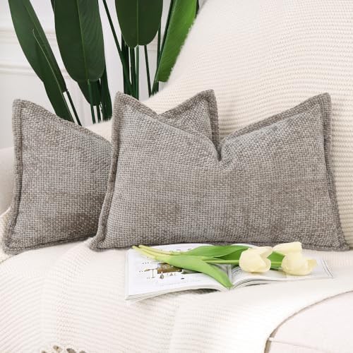 MADIZZ Decorative Chenille Velvet Throw Pillow Covers Set of 2 Soft Boho Textured Neutral Couch Throw Pillow for Bed Modern Farmhouse Home Decor for Sofa Livingroom Taupe 12x20 Inch