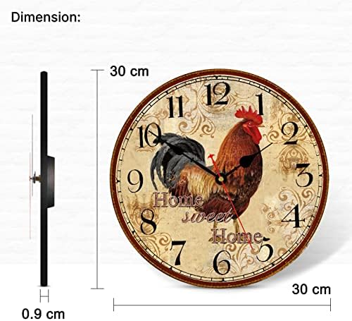 TAHEAT 12 Inch Rooster Wall Clock, Home Sweet Home Farmhouse Decor, Red Vintage Chicken Battery Operated Wall Clocks for Kitchen/Bedroom/Dining Room/Office