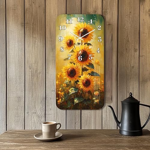 Farmhouse Wall Clock for Bathroom - 12 Inch Yellow Sunflower Wall Clocks Battery Operated - Wooden Vintage Floral Wall Clock Fall Decoration for Home Living Room Bedroom Kitchen Decor
