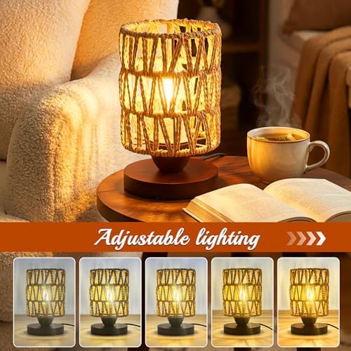 Small Rattan Lamp for Bedroom,Dimmable LED Boho Table Lamp for Living Room