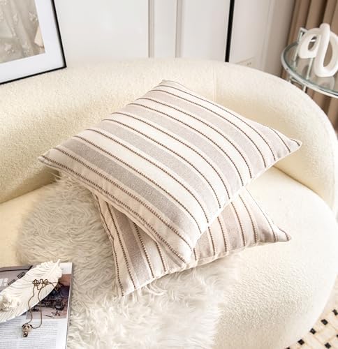 Cethom Decorative Boho Throw Pillow Covers, Farmhouse Textured Pillow Case, 20 x 20 Inch Set of 2, Chair Sofa Bedroom Living Room Home Decor Couch Cushion Case, Taupe and Beige Striped