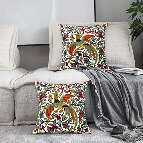 Alysheer Embroidered Summer Decorative Throw Pillow Cover 18"x 18" Set of 2, Boho Orange Bird Embroidery Patterned Cotton Cushion Case for Sofa Couch Living Room Bedroom Outdoor