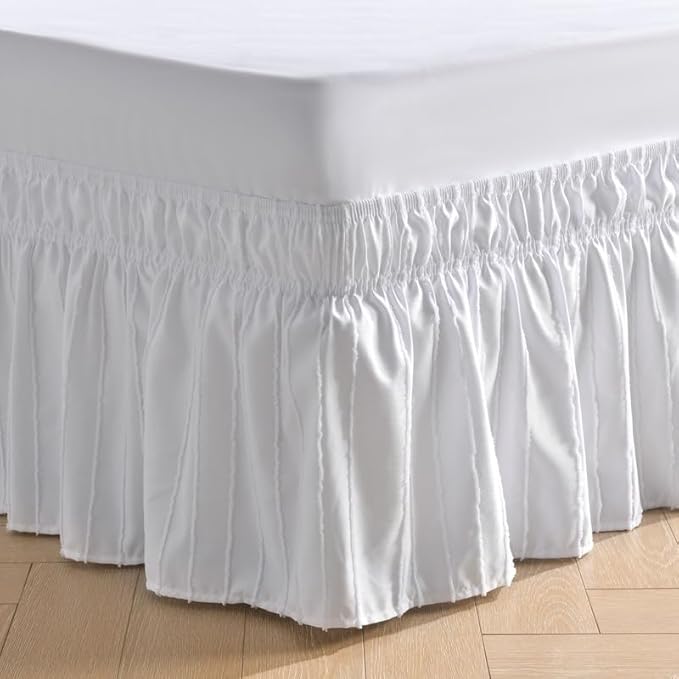 MIYE Wrap Around Ruffled Lace Bed Skirt, Elastic Dust Ruffle with Adjustable Belts, Easy to Put On, Bed Frame Cover, Machine Washable (Striped/White, Full/Twin-15 Drop)