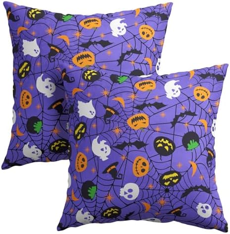 Halloween Purple Throw Pillow Covers 18x18 inch 2 Packs Humour Pumpkins Ghost Skeleton Bat Web Decorative Pillowcase Holiday Cotton Linen Pillow Cases for Home Sofa Porch Outdoor Decor