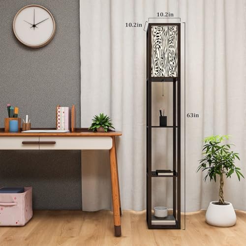 Standing Lamp with Shelves Tall Animal Print Zebra Stripes Mix Leopard Spots Geometric Elements Modern Wood Corner Lamp for Bedroom Living Room Office Floor Lamp Mid Century Room Decor