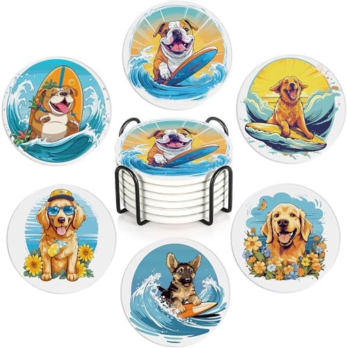 Coaster for Drinks Set of 6, Cute Dog Surfing Absorbing Round Ceramic Stone Coaster with Cork Base,Tabletop Protection Mat for Mugs and Cups,Coffee Table Wine Glass Home Bar 4 Inch