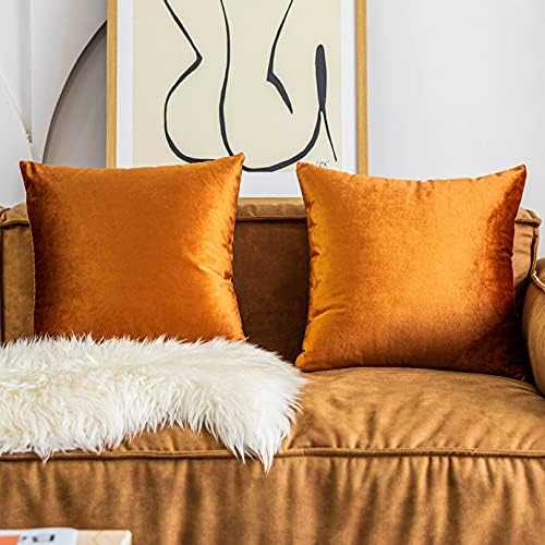 Home Brilliant Pillow Covers 18x18 Set of 2 Orange Velvet Throw Pillows Square Decorative Pillow Cases for Couch Bench Sofa 45cm x 45cm(18 x 18 inches), Copper