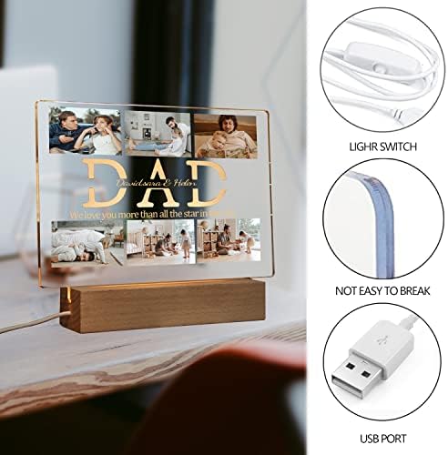 Personalized Photo Acrylic HAPPY FATHERS DAY Sign Plaque Gifts for Dad Papa Grandpa from Daughter Son Wife Customizable LED Night Light Wooden Base Lamps Desk Bedroom Decor Signs
