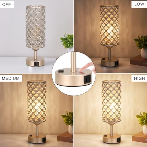 Hong-in Touch Table Lamps for Bedrooms Set of 2-3 Way Dimmable Champagne Gold Crystal Lamps with Crystal Shade, Bedside Nightstand Lamp for Living Room Bedroom Home Office