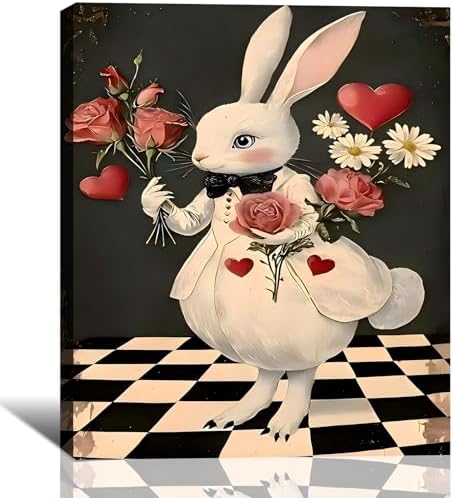 RIBNTAK Large Rabbit with Rose Easter Wall Art 24x36 In, Sweet Spring Bunny Painting Canvas Prints for Mantle Decor, Bunny Pictures for Living Room, Kitchen, Holiday Home Decoration