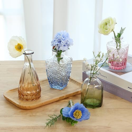 CUCUMI 12pcs Bud Vases for Centerpieces, Colorful Vintage Glass Vase Set | Small Colored Vintage Vases for Centerpieces, Decorative Flower Vases for Wedding Home Table Decor(Amber, Blue, Green, Pink)