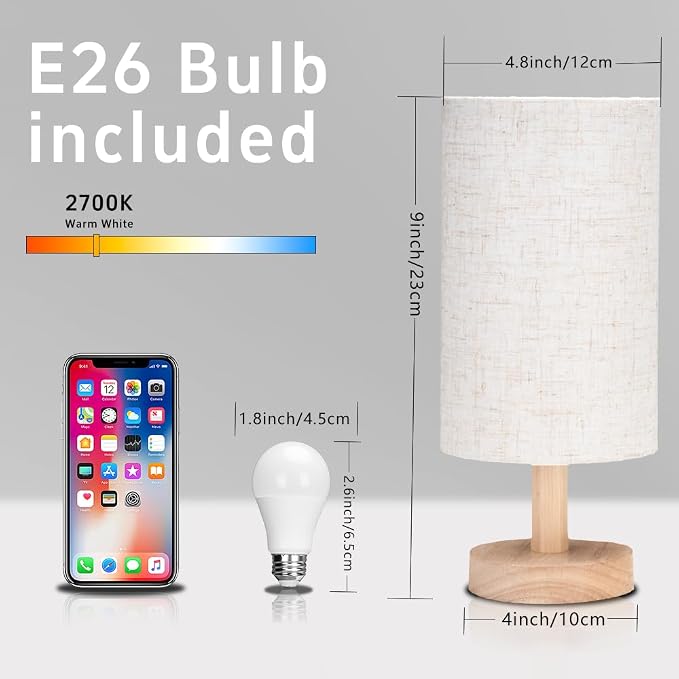Small Table Lamp for Bedroom - Bedside Lamps for Night Stands, Minimalist Nightstand Light Lamp, Desk Lamps for Living Room, Office, Dorm(Wood Base, 10" Inline Control)