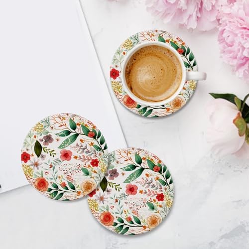 Cute Flower Absorbent Drink Cup Coasters Set of 6 Floral Coffee Table Decor