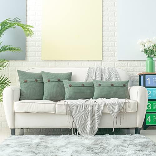 HWY 50 Sage Green Chenille Throw Pillow Covers 12x20 Inch Buttons Pack of 2