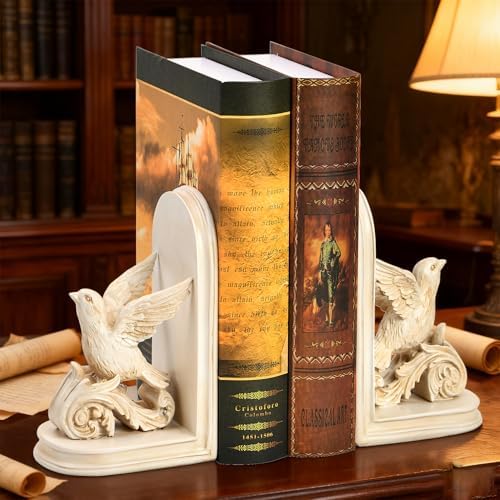 2PCS Vintage Bookends White Resin Decorative Bookends with Bird Bookends for Kids Rooms Decorative Book Ends for Heavy Books (White Bird)