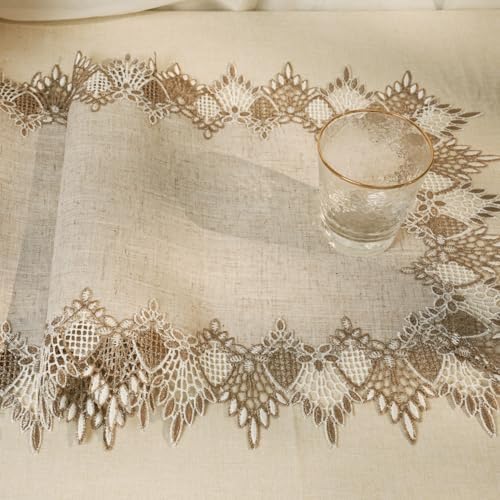 Phantomon Neutral Linen Table Runner 51 Inches Beige Embroidered Runner Lace Centerpiece for Dresser Tops, Dining Tables, Coffe Table and Home Decorations for Farmerhouse (Beige, 16 X 51 Inch)