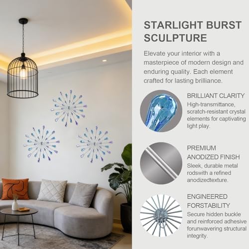 ZEXUIRU 3 Set Silver Starburst Wall Art for Home Decor Metal Bling Crystal Rhinestones Sunburst Wall Decor Sparkling Rhinestone Art Accent Silver - 13in