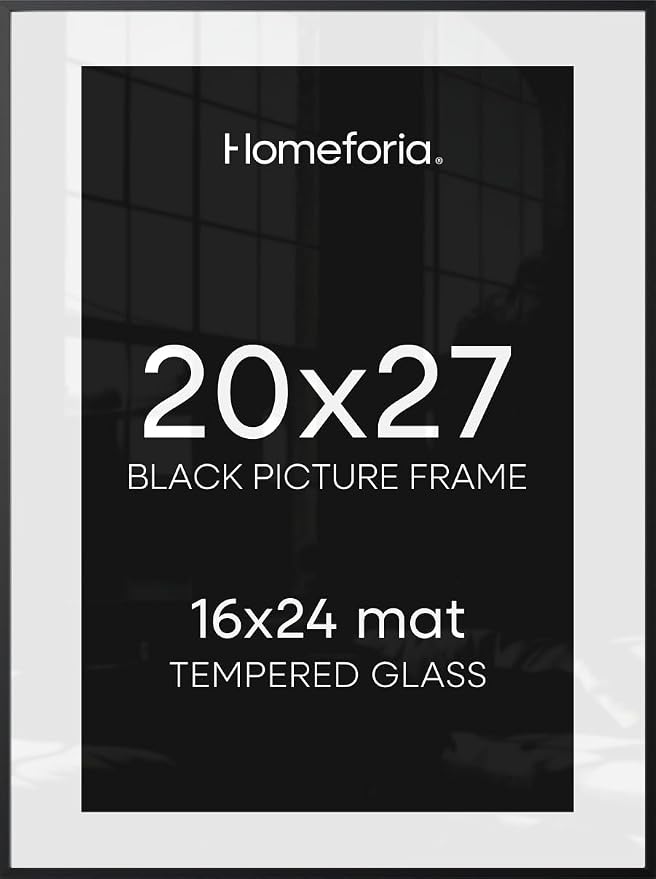 Homeforia 20x27 Black Picture Frame, High-End Metal, 16x24 Mat, Glass