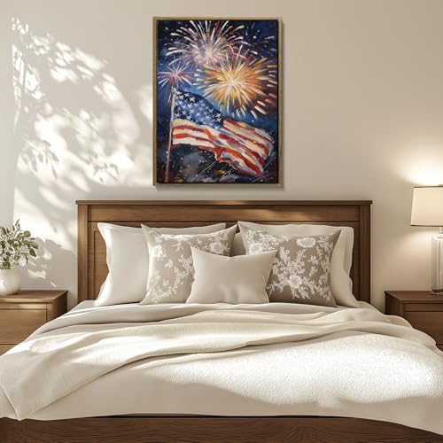 American Flag Framed Canvas Wall Art, 4th of July Patriotic Canvas Prints | USA Flag with Fireworks Poster Print, Modern Independence Day Wall Decor for Bedroom Living Room 11×14in