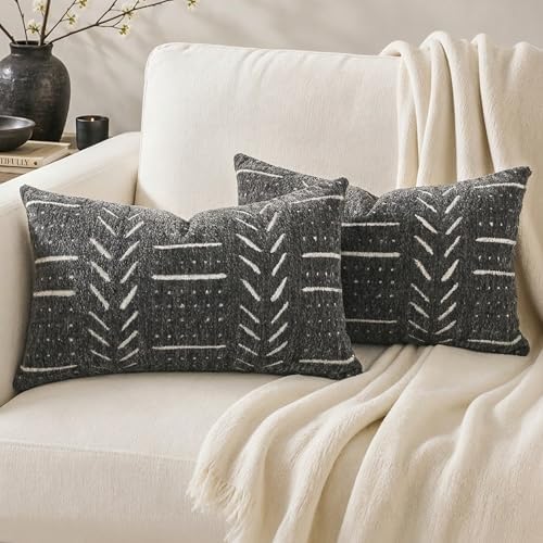 BlissBlush Decorative Lumbar Pillow Covers 12x20 Set of 2, Soft Woven Chenille Accent Pillow Covers for Couch Sofa Bed, Textured Farmhouse Cushion Covers, Charcoal Gray