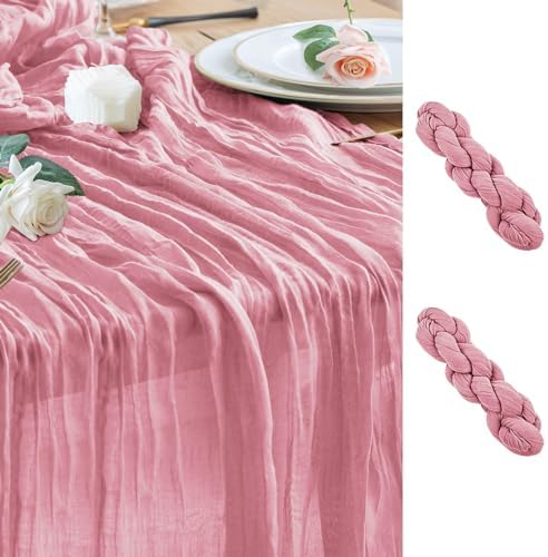 Wokceer Cheesecloth Table Runner 10FT Boho Gauze Runner, Pink, 2 Pack