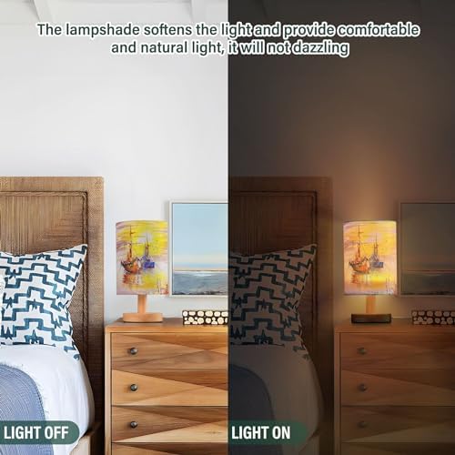 Table Lamp Venice Italy Sailboat Pirate Ship Sunset Ocean Nautical Nightstand Lamp with Wood Base Fabric Lamp Shade Bedside Desk Lamp for Living Room Bedroom Kids Room Office