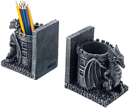 MyGift Gothic Dragon Bookends with Castle Pencil Cup, Black Resin, 1 Pair