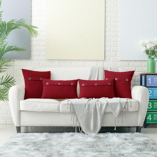 HWY 50 Red Chenille Throw Pillow Covers 18x18 Inch Buttons Pack of 2