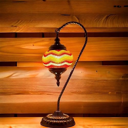 SILVERFEVER Handcrafted Mosaic Turkish Lamp Moroccan Glass Table Desk Bedside Light Bronze Base with E12 Bulb (Red Yellow Lines Lattern)
