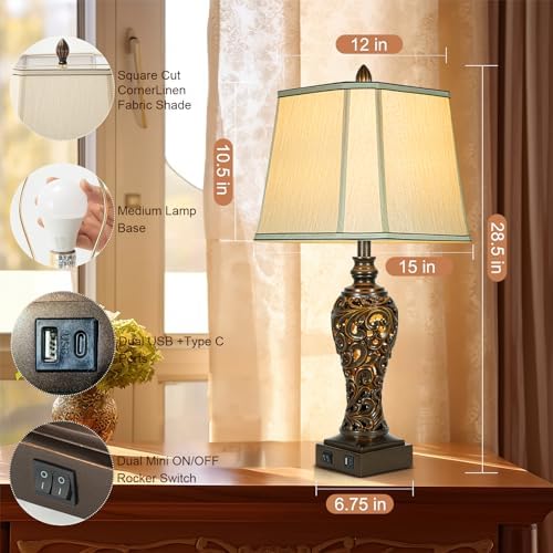 28.5" High Vintage Brown Table Lamps Set of 2 with Night Light, Dark Brown