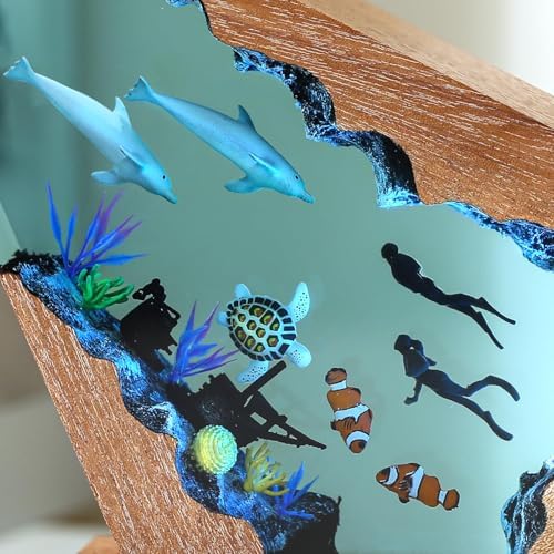 Handmade Dolphin Ocean Resin Lamp with Wooden Base