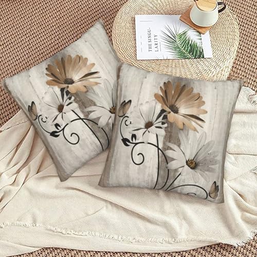 Brown Floral Pillow Covers 20 x 20 Inch Set of 2 Daisy Floral Butterfly Decorative Throw Pillow Covers Linen Rustic Farmhouse Cushion Cases for Home Sofa Couch Living Room Decor