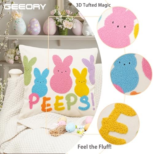 GEEORY Easter Embroidered Pastel Bunny Peeps Pillow Cover 16x16 Inch, Easter Decorations Farmhouse Decor Canvas Cushion Case for Living Room, Sofa & Bed GX019-1-16