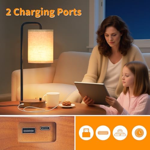 Table Lamps Set of 2 with USB Ports and Wooden Base, Bedside Nightstand Lamps with Warm White Bulbs, Fabric Shade for Bedroom, Living Room, Office, Boho