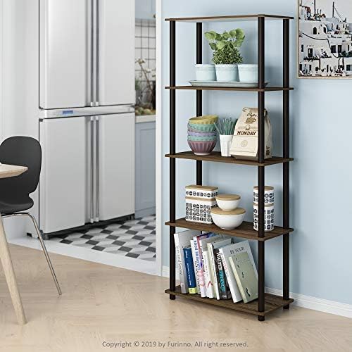 Furinno TURN-N-TUBE Storage Shelves, 5-Tier Book Shelf, Corner Shelf, Toolless Open Shelves, for Organization and Storage, Living Room, Garage, Home Office, Walnut