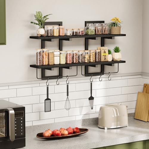 Creso hom Wood Floating Shelf with 6 Hooks, 15" Bathroom Shelves Set of 2