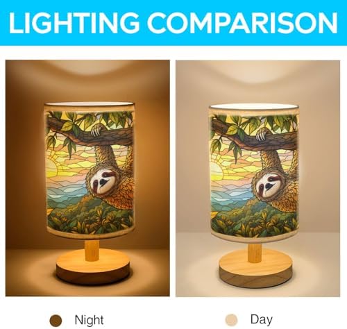 Sloth Table Lamp LED 3-Color Pressed Bedside, Sloth Shade Lamp with Wood Base for Bedroom Living Room Desk Office TL01