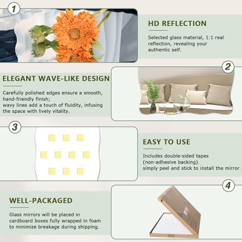 16x20 inch Decorative Scalloped Rectangular Mirror for Wall Decor | High Clear Glass Wavy Mirror with Double-Sided Taps, Frameless Squiggle Mirror for Bathroom, Bedroom, Living Room, Entryway