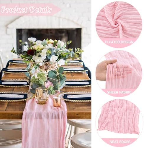 Pink 10FT Cheesecloth Table Runner Boho Gauze Fabric Table Runner Rustic Sheer Runner for Wedding Bridal Baby Shower Birthday Party Boho Table Decor（1 Pack Pink）