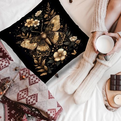 Moody Gothic Floral Butterfly Pillow Covers 18x18, Butterfly Room Home Decor, Dark Cottagecore Flower Rustic Botanical Moth Decorative Throw Pillow Covers