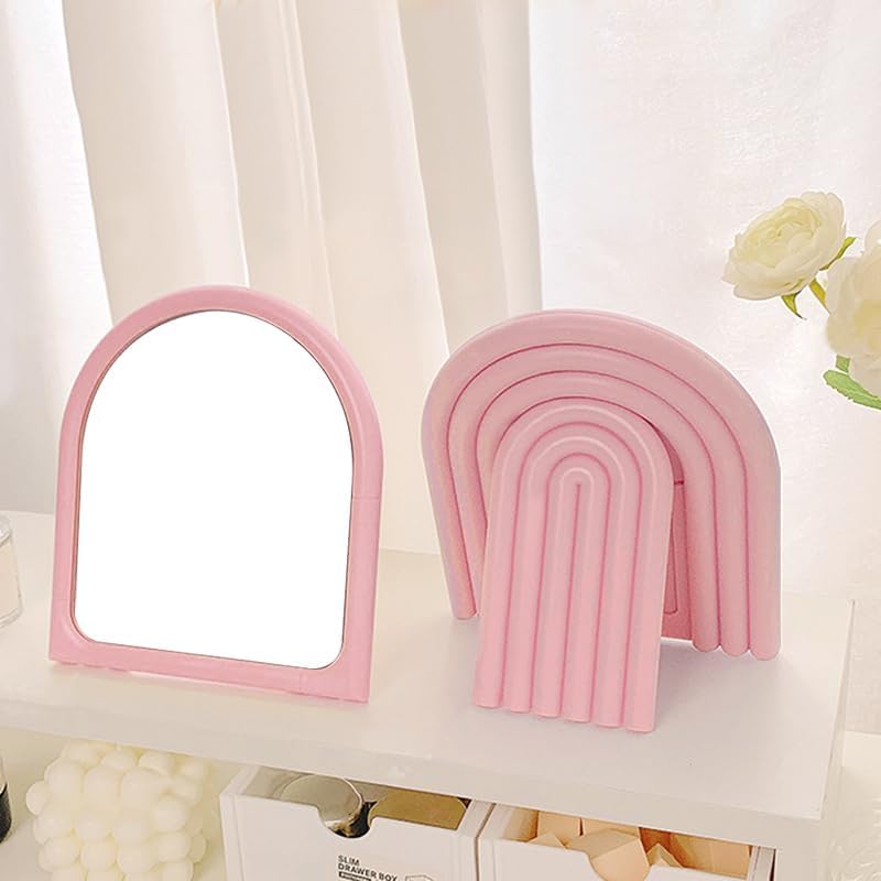 Desk Makeup Mirror,Small Cute Vanity Mirror for Office Cubicle Table,Pink | Arch Shaped Desktop Mirror for Dorm,Cute Office Desk Decor,Aesthetic Desk Accessories for Girl Women