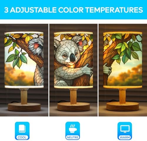 Koala Table Lamp LED 3-Color Pressed Bedside, Koala Shade Lamp with Wood Base for Bedroom Living Room Desk Office TL01