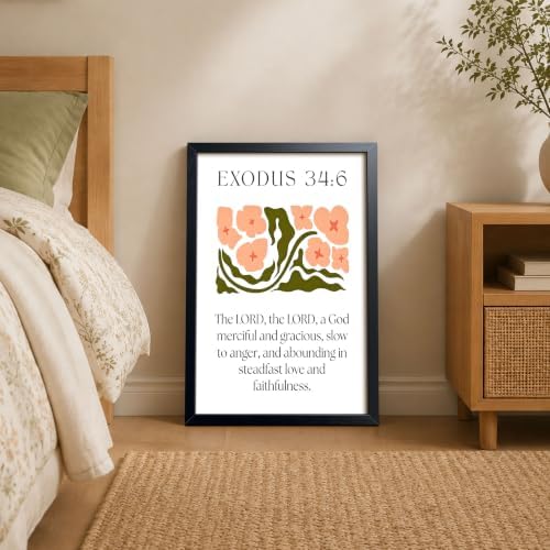 Framed Exodus 34:6 Bible Verse Wall Art, Christian Floral Canvas Wall Decor Painting, Boho Floral Religious Inspirational Scripture Print Poster Picture for Living Room Bedroom Prayer Home Decor 16x24 Inch