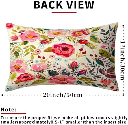 Spring Summer Flower Throw Pillow Covers 20x12 Inch Watercolor Peony Pillowcase Hot Pink Flora with Green Leaves Girly Decorative Cotton Cushion Cover Set of 2 for Home Garden Outdoor Bed