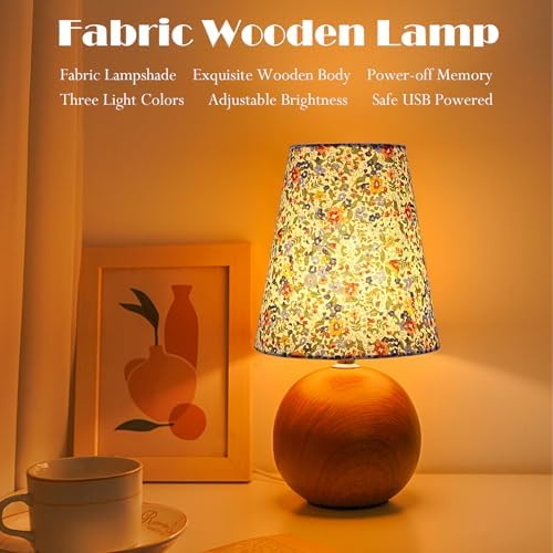 Vintage Wooden Night Lamp, Wood Base Fabric Lampshade, Adjustable Light Color and Brightness with Power-Off Memory, Safe USB Powered, Retro LED Table Light for Bedroom Living Room Office (Floral)