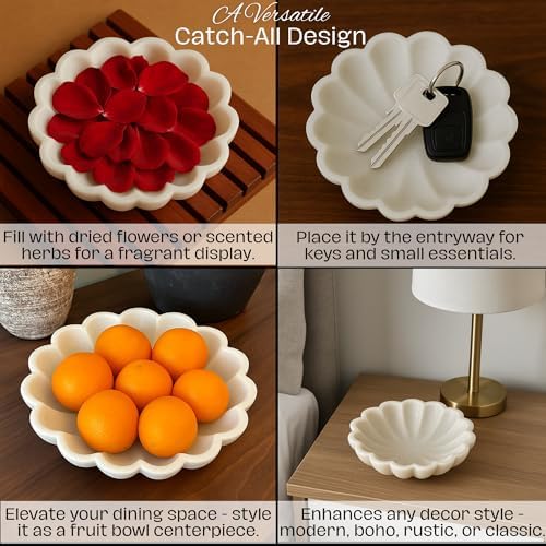 HandCrafted Marble Decorative Bowl | White Ruffle Scalloped Fluted Key/Fruit Ring Dish | Organic Modern Home Decor (10 Inches)